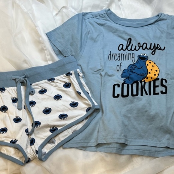 Disney Other - 🍪 Cookie Monster Pajama Set Cartoon Womens Size Medium Top Shorts Coord Bundle